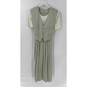 Allison-Che Vintage Dress Womens 14 Sage Green Pleated Floral Embroidered Vest